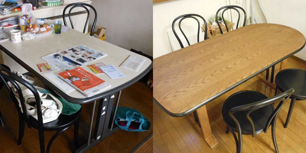 古い白黒の食卓テーブルを天然オーク木目を生かした天板へリメイク 家具リメイク事例：R002 Before&After