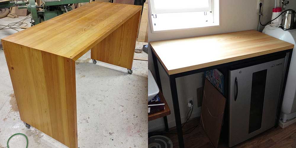 コの字型のパインテーブルを黒皮アイアン４本脚にリメイク 家具リメイク事例：R031 Before&After