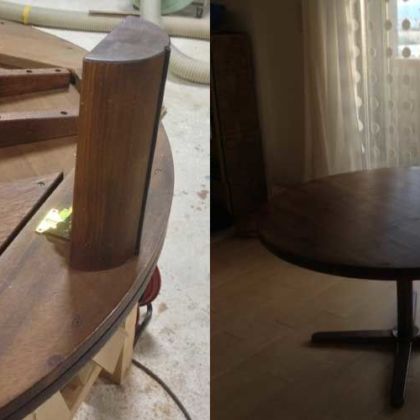 丸い無垢の座卓をセンター脚のダイニングテーブルにリメイク 家具リメイク事例：R013 Before&After