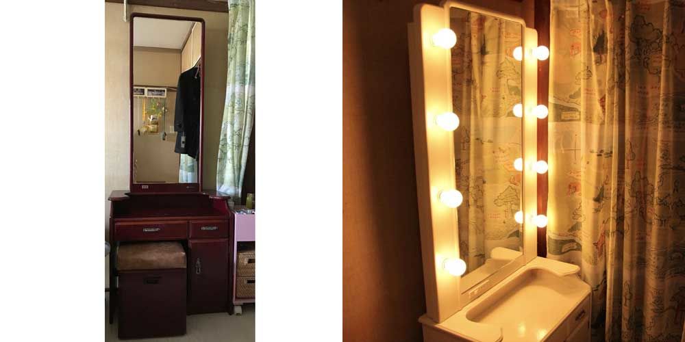 婚礼家具の鏡台を真っ白なハリウッドミラー風ドレッサーにリメイク 家具リメイク事例：R067 Before&After