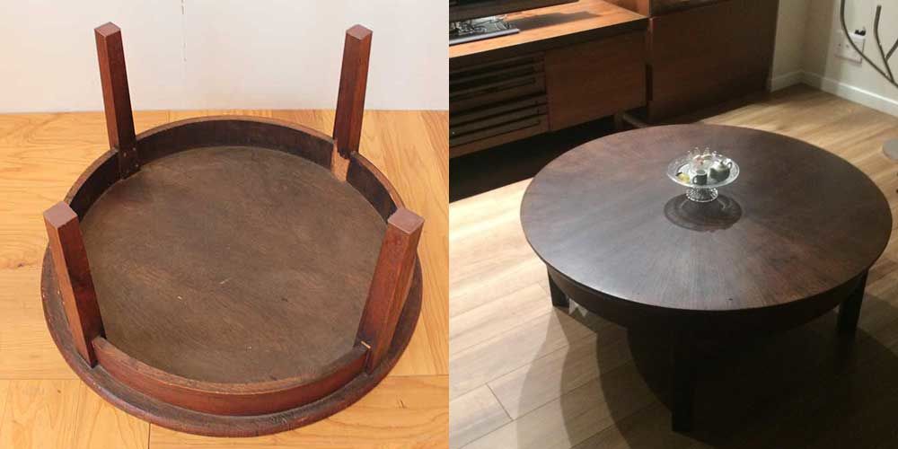 チーク材製円卓の脚を新たに製作してリペア 家具リメイク事例：R131 Before&After