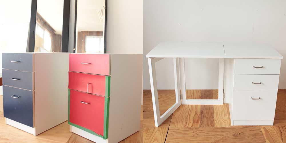 片袖学習机の引き出しカラーを変更し折り畳み式に 家具リメイク事例：R136 Before&After