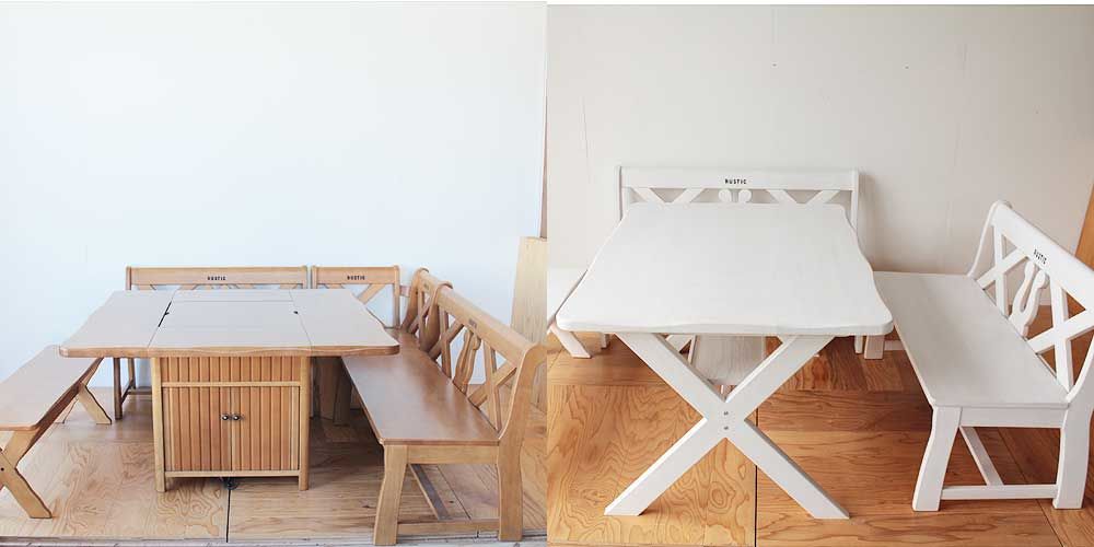 ダイニングテーブルとベンチのセットをホワイト塗装に 家具リメイク事例：R156 Before&After