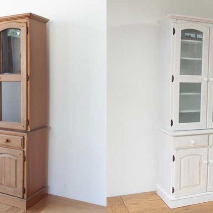 ナチュラルカラーの３枚扉食器棚をホワイト塗装に 家具リメイク事例：R159 Before&After