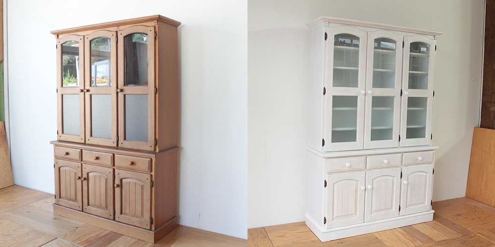 ナチュラルカラーの３枚扉食器棚をホワイト塗装に 家具リメイク事例：R159 Before&After