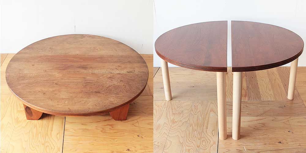 無垢ウォールナットの座卓を2台の半円テーブルに 家具リメイク事例：R213 Before & After