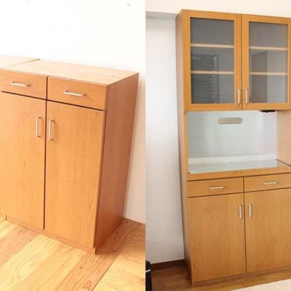 梁に収まるサイズに食器棚をリサイズリメイク　家具リメイク事例：R259　Before&after
