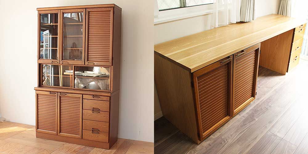 食器棚から無垢オーク材使用のデスクへリメイク　家具リメイク事例：R294　Before&after
