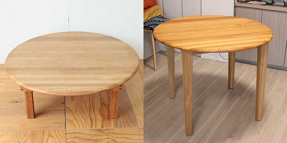 樽オーク材ローテーブルをダイニングテーブルにリメイク　家具リメイク事例：R307　Before&after