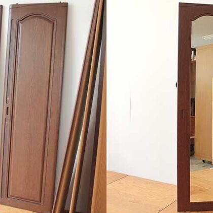 洋服タンスの鏡付き扉の裏側に金物を仕込んで壁掛け鏡へのリメイク 家具リメイク事例：R325　before&after