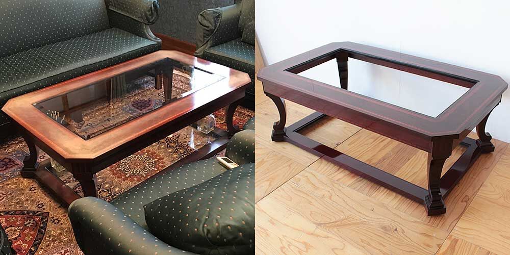 白濁・黄変してしまった象嵌細工のテーブルを綺麗にレストア　家具リメイク事例：R336　Before&after