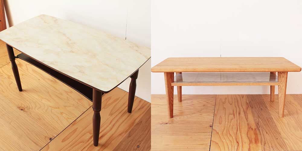 大理石調天板のテーブルを、お客様のお家のインテリアに合わせて北欧風リビングテーブルにリメイク　家具リメイク事例：R345　before&after