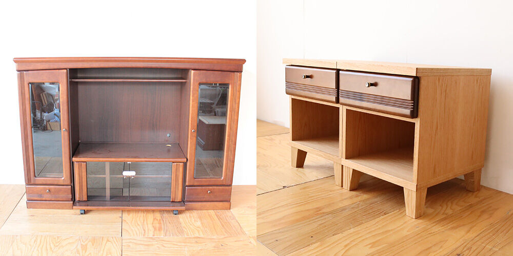 飾り棚付きの大きなテレビボードを小さめサイズの収納棚にリメイク　家具リメイク事例：R394　before&after