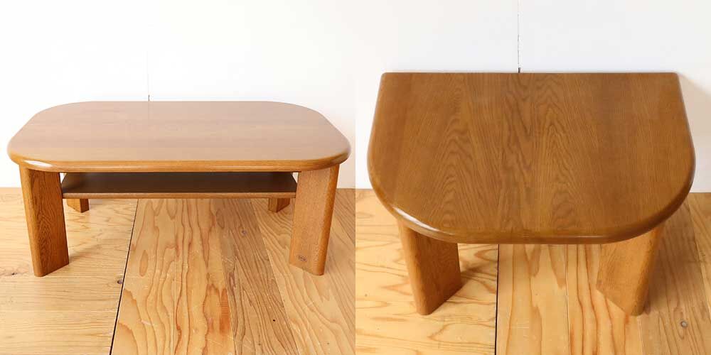 円形テーブルにリメイクし　家具リメイク事例：R431　before&afterた残り部分とテーブルの脚を活かして飾り棚にリメイク