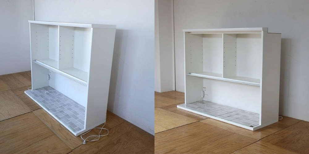 R1089: 食器棚を梁下にスッキリ収めたい！高さを13cmカットのイメージ