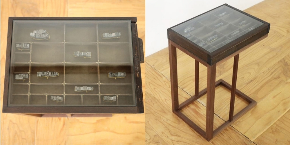 R1175:ヴィンテージ引き出し＋タイプライターパーツで作るサイドテーブルのイメージ