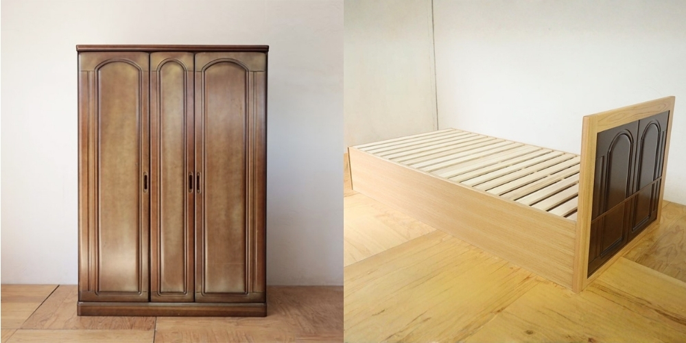 R1176:婚礼タンス扉をヘッドボードに。収納付きベッドにリメイクのイメージ