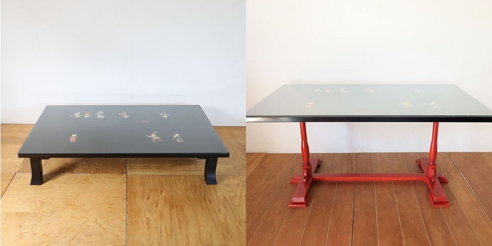 R1325:輪島塗りの座卓をダイニングの高さに。朱色の脚が映える一台のイメージ