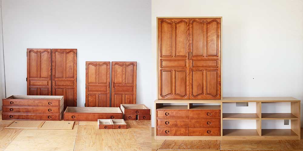 R1130:婚礼タンスをリメイク。本棚にもテレビボードにもなる一台に。のイメージ