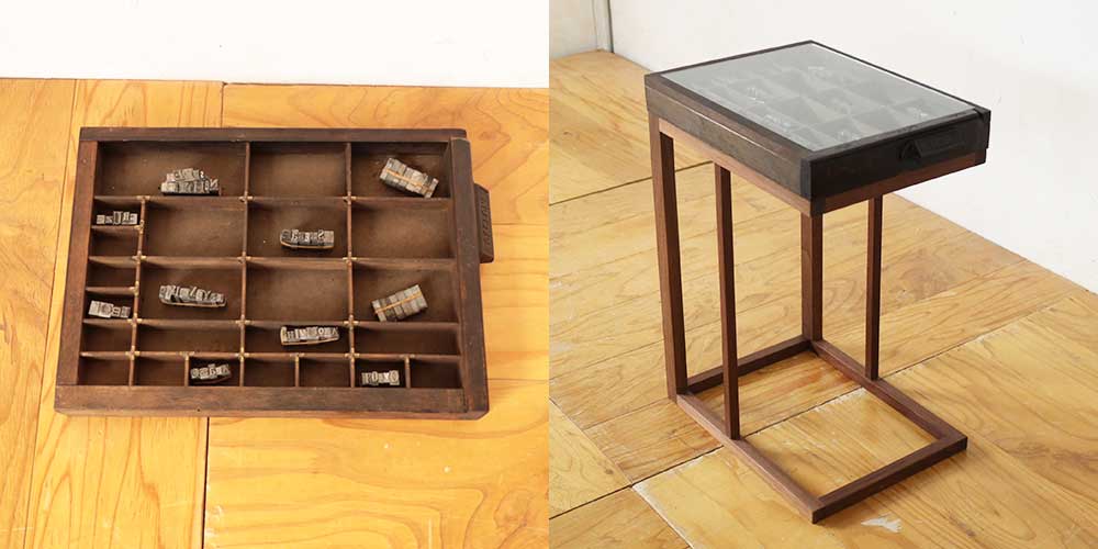 R1175:ヴィンテージ引き出し+タイプライターパーツで作るサイドテーブルのイメージ