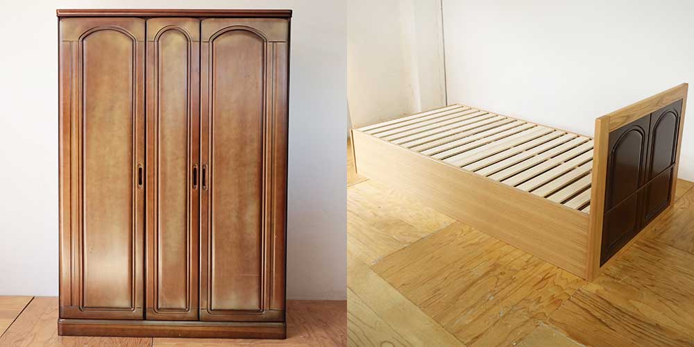 R1176:婚礼タンス扉をヘッドボードに。収納付きベッドにリメイクのイメージ
