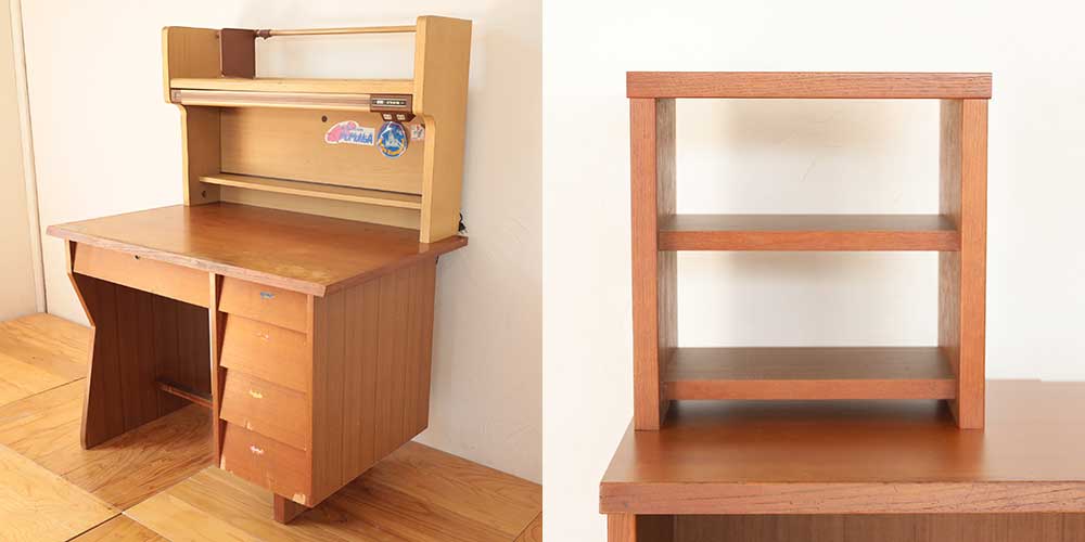 R1230:学習机をカップボードの上置きシェルフに。思い出の天板を活かしてのイメージ