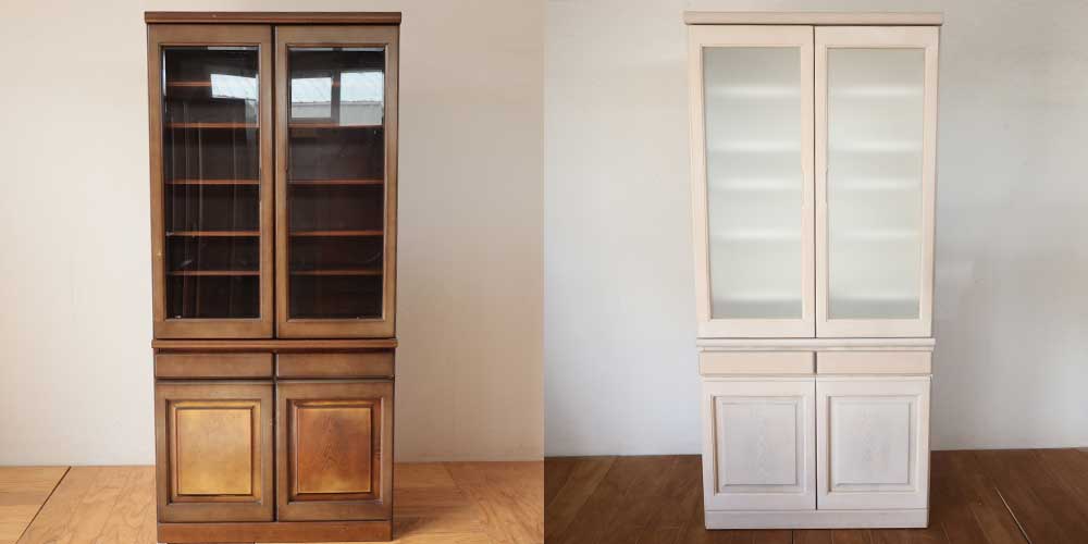 R1294:食器棚を再塗装。地震対策で、扉のガラスを樹脂製に変更のイメージ