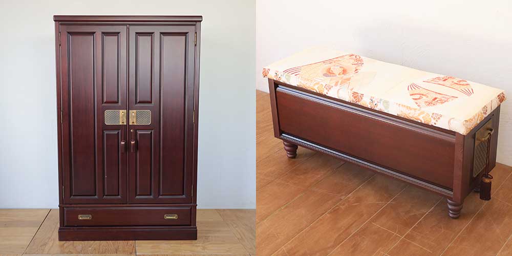 R1307:婚礼タンスをベンチにリメイク。座面に着物帯を活かしてのイメージ