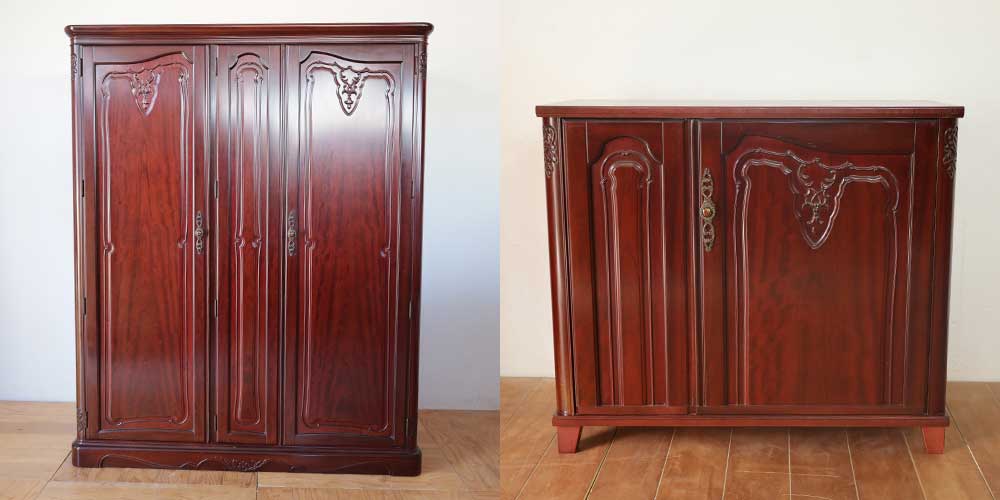 R1323:婚礼タンスをキャビネットに。美しい飾り彫りが目を引く一台のイメージ