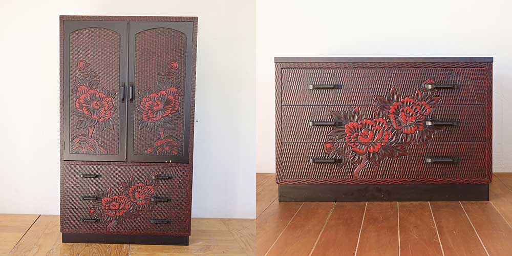 R1343:鎌倉彫の和タンスを3段チェストに。扉を側板に活かしたリメイクのイメージ