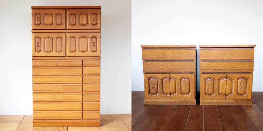 R1368:婚礼タンスをお仏壇台2台へリメイク。意匠を揃えた左右対称デザインのイメージ