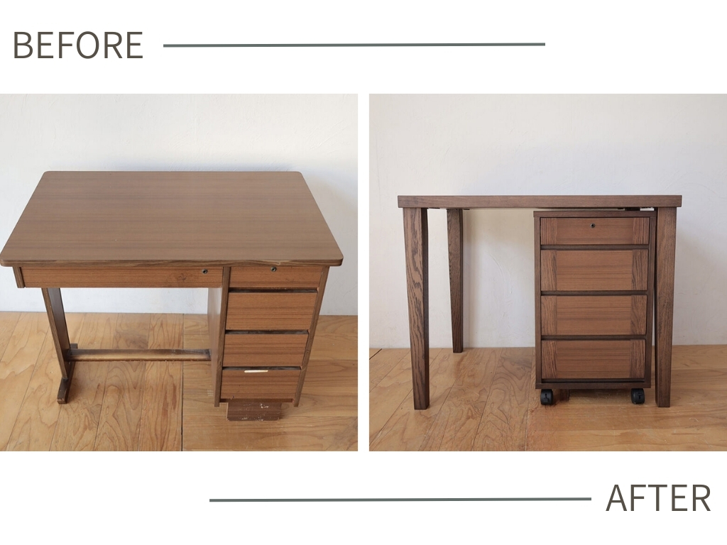 約70年前の片袖机をリメイク｜傷みや剥がれも綺麗にシンプルな机＆インワゴンに