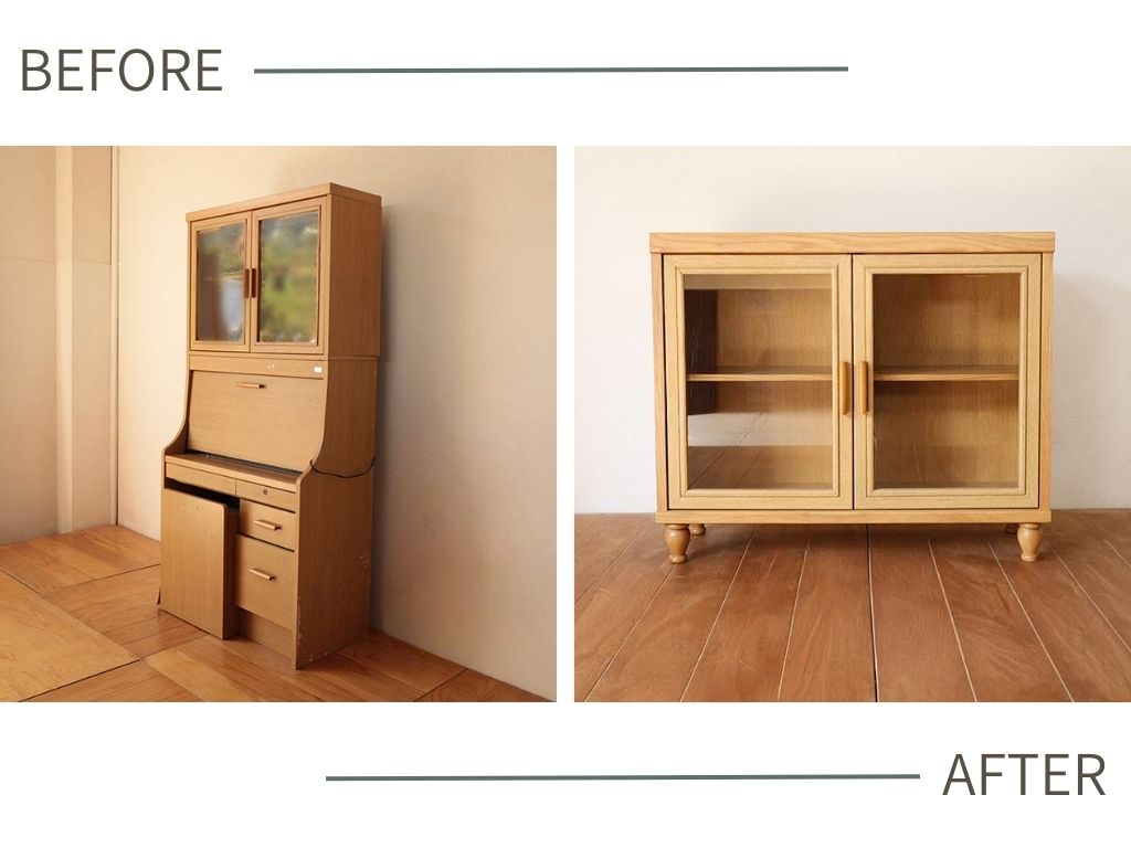 学習机の上置きをキャビネットにリメイク｜ガラス扉を活かした収納家具へ