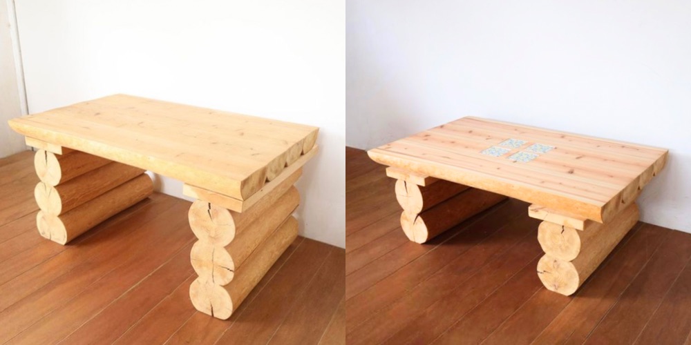 R1375:丸太テーブルをリメイク。高さを抑え、タイルで新しい表情にのイメージ