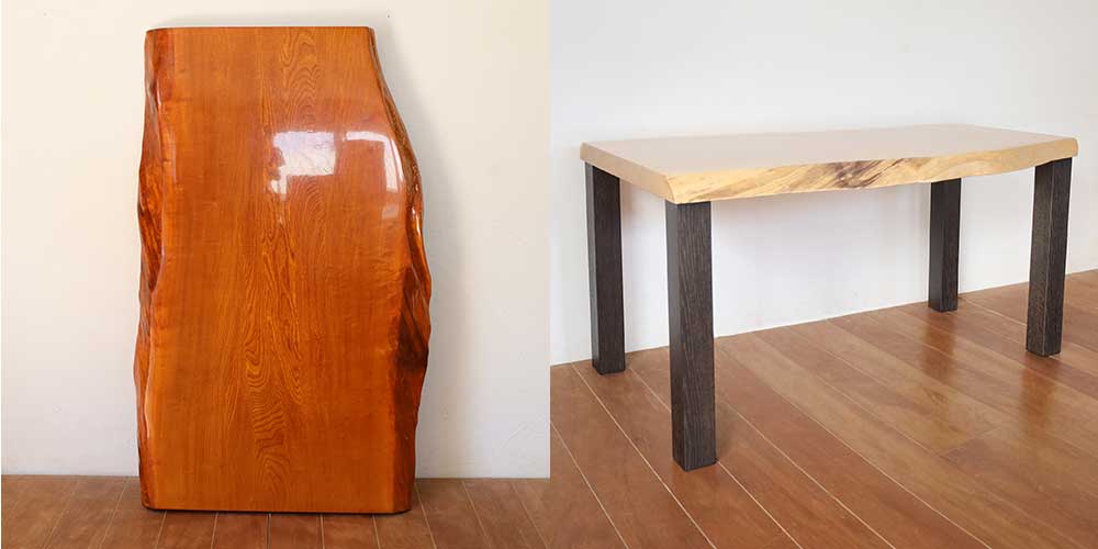 R1409:耳付き一枚板の座卓を、和モダンなダイニングテーブルにのイメージ