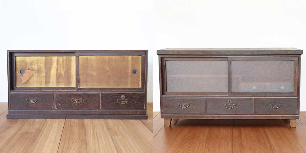 R1467:大正時代の和タンスをリメイク。建具のガラスを活かしたキャビネットのイメージ